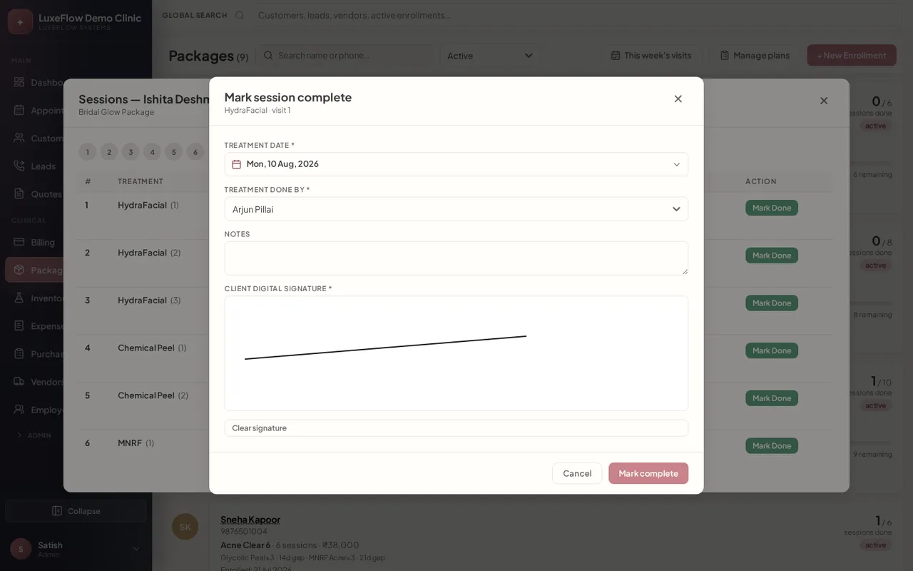 Client digital signature in LuxeFlow package session completion